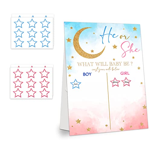 LNOKRIM Gender Reveal Party Games Twinkle Little Star Theme Baby Gender Reveal Voting Board Sign 48 Boy Girl Voting Stickers He or She Gender Reveal Party Centerpiece Decorations (12x17)