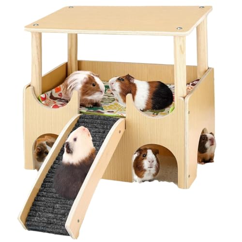 WXQハムスター ハウス 隠れ家 木製小動物ケージ うさぎ ハリネズミ モルモット ハムスターハウスおもちゃ二重層|はしご チンチラケージアクセサリーを備えた小動物のおもちゃ (ログカラー)