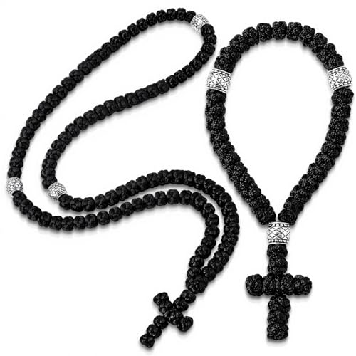 Quelay 2 Pcs Orthodox Prayer Rope 100 Knot Christian Chotki Prayer Rope 33 Knot Handmade Bracelet Greek Komboskini for Protection Blessing Gifts Car Hanging Charm Home Ornament(Black Modern Style)