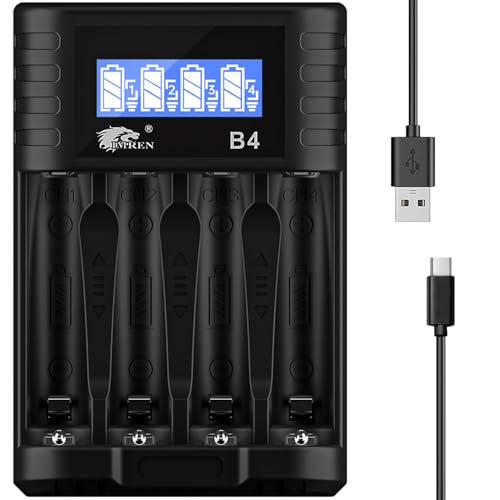 IMREN Cargador de Pilas Recargables para 1.5V Li-Ion 1.2V NiMH/NiCD AA AAA Pilas Recargables, 4 Slots Carga Rápida de 5V/2A con Pantalla LCD Display (Puerto USB-C)