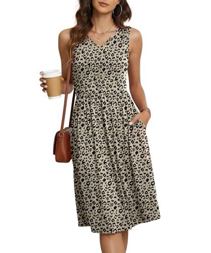 Image of NILOUFO Sleeveless Dress for Women Summer Knee Length Sundress with Pockets | Sundresses for Women Tank Empire Waist Sun Dress Cold Shoulder Casual V Neck Midi Dress Flowy Summer Dresses for Women
