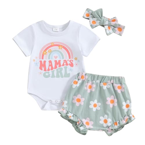 DNOMAID YZARC Newborn Baby Girl Clothes Mama's Girl Short Sleeve Romper Flower Ruffle Shorts Headband Set 3Pcs Summer Outfits (Green, 6-12 Months)