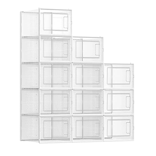 SONGMICS Boîtes à Chaussures, Lot de 12, Rangement Chaussures, Pliable, pour Pointure jusqu’à 46, Transparent et Blanc LSP12MWT