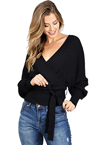Love Tree Women's Juniors Ribbed Long Sleeve Surplice Knot Top
