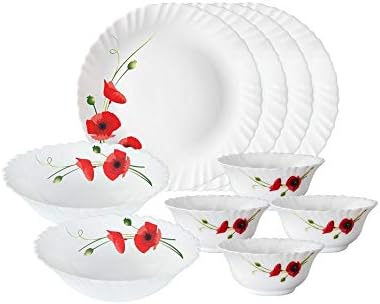 Larah By Borosil Red Carnation Opalware Floral Dinner Set, 10 -Piece, White