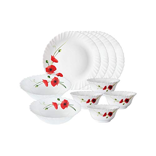 Image of Larah By Borosil Red Carnation Opalware Floral Dinner Set, 10 -Piece, White