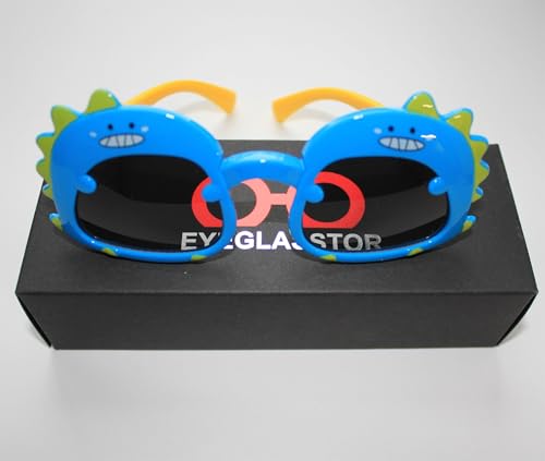 Dinosaur Cartoon Sunglasses for Kids Aged 2-6, Blue Yellow and dark Lenses,UV Protection Secure Fit for Outdoor4