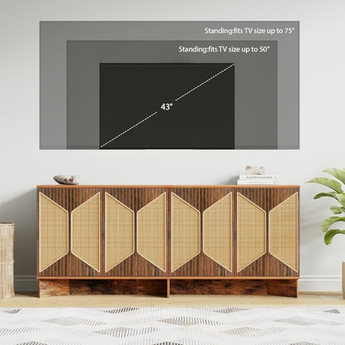 Allstand FAST0098ABLUSY Sideboard Buffet Cabinet With Storage, 70'' Large Modern Boho Rattan Buffet Sideboard Cabinets thumb #5