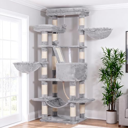 Heybly Kratzbaum, 173 cm hoch, Katzenbaum, mit 16 Kratzsäulen, 2 groß Plattformen, 2 Korb, Hängematte, Höhle, Plüschbälle, mehrstöckiger...