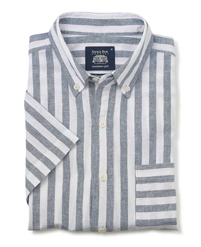 THE SAVILE ROW COMPANY LONDON Men's Classic Fit Linen-Cotton Blend Short Sleeve Casual Shirt - Navy White Bold Stripe - XXL