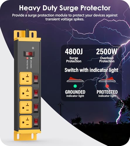 CCCEI Heavy Duty Surge Protector Power Strip 20 Amp Individual Switches. 6FT 12 Gauge Extension Cord with Multiple Outlets. Kitchen, Garage, Shop, Industrial Wall Mount Electric Extender, Yellow.