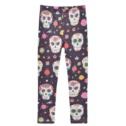 Girls' Leggings Skull Flower Black Pattern Ankle Length Printed Leggings Comfort Pants for Kids 4-10 Years