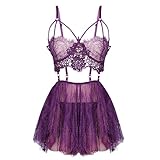 SPORCLO Lingerie for Women Plus Size Sexy Lace Sheer Babydoll See Through Purple Nightdress Strappy Mesh Sleepwear