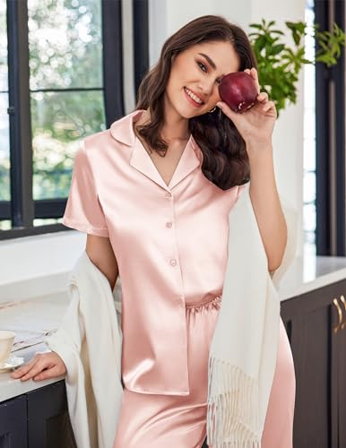Image of Ekouaer Womens Satin Silky Capri Pajamas Short Sleeve Button Down Sleepwear