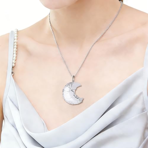 Image of XIANNVXI Tree of Life Wire Wrapped Crescent Moon Pendant Necklace Reiki Healing Crystal Stone Necklaces Natural Gemstone Quartz Jewelry for Women