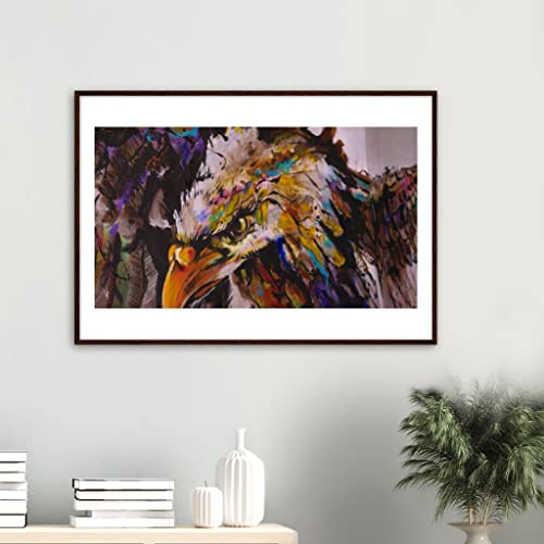 Décoration murale animalière aigle grand format avec cadre bois foncé 70 x 100 cm