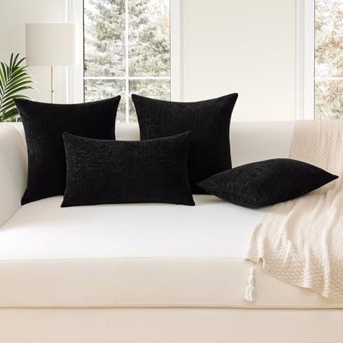 Housse de coussin chenille noire 50x50 anti-plis pour canapé