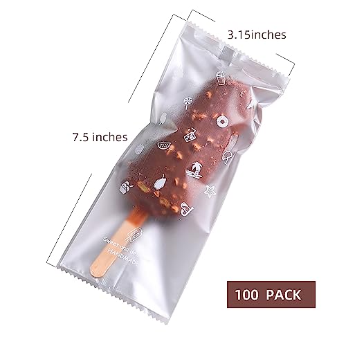 Popsicle Bags Ice Cream Bags 100 Pack -Clear Ice Pop Bags with Silver Bottom and Cool Words