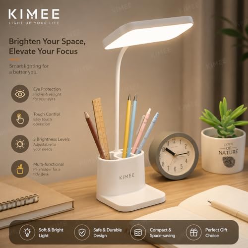 Image of Kimee Table Lamp for Study with Smart LED Display, Foldable Touch Light Desk Lamps with 3 Color Modes and Stepless Dimming, Desk Lamps with Phone Pen Holder (White)
