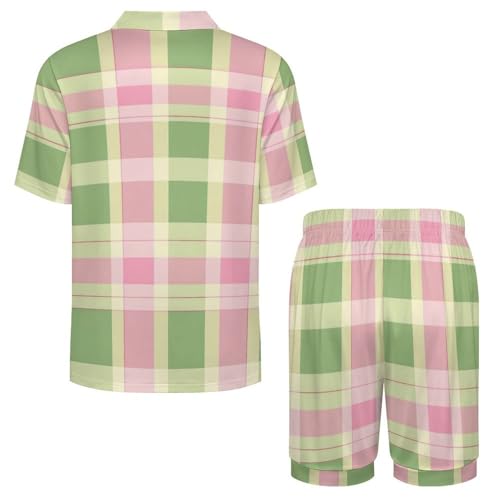 Green Pink Plaid Mens Pajamas Set Short Sleeve Sleepwear Summer Pjs Sets 2 Piece Loungewear Nightwear4