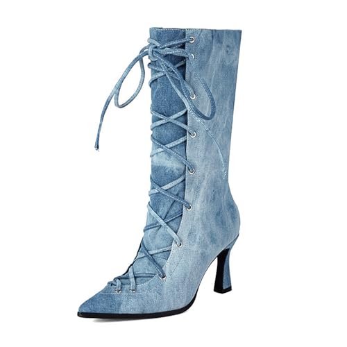 WENOREG Women's Denim Pointed Toe Lace Up Mid Calf Boots,Fashion Kitten Heels Cowgirl Party Prom Dress Boots