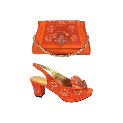 Women Shoes and Bag Set African Lady Fashionable High Heels Round Toe Ladies Shoes Matching Bag Set Orange