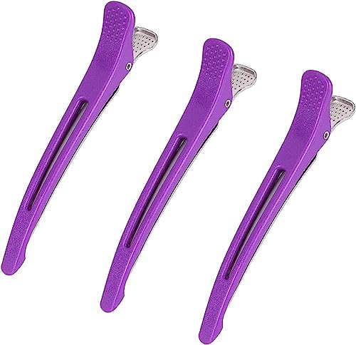 Giitoo ダッカール プロ用 ヘアクリップ 美容師 業務用 跡がつかない 滑り止めゴム付き (3本, 紫)