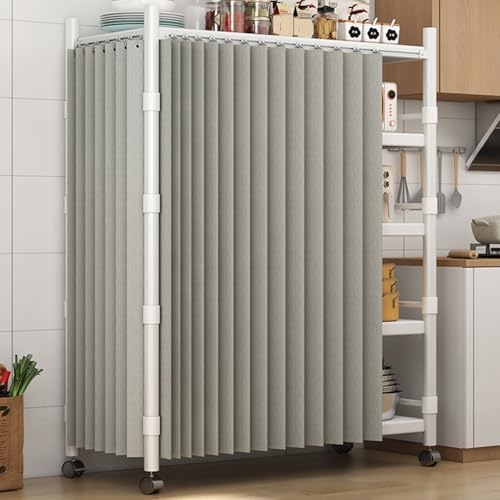 Beige Cabinet Curtains for Shelves, Dust-Proof Closet Curtain with Sliding Rail, Privacy Curtain for Kitchen, Wardrobe, Pantry & Laundry Room (80cm Track x H 120cm)