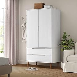 Festnight Armarios de Dormitorio de Maciza Pino Armarios Dormitorio 2 Puertas 2 Cajones Dormitorio Juvenil Armario Ropero Madera 90x55x175 cm Blanco