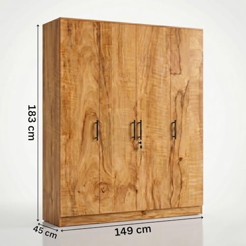 Image of FFO Kavisto 4 Door Wooden Wardrobe for Bedroom, Large Clothes Storage Cabinet with Hanging Space, Shelves, Drawer & Lock, Modern Wood Finish Almirah for Home, Bedroom & Living Room DIY.