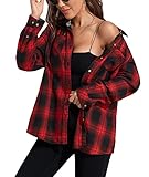 MARZXIN Plaid Flannel Shirt for Women Oversized Long Sleeve Button Down Shirts Casual Loose Blouse Tops Black Red Plaid L