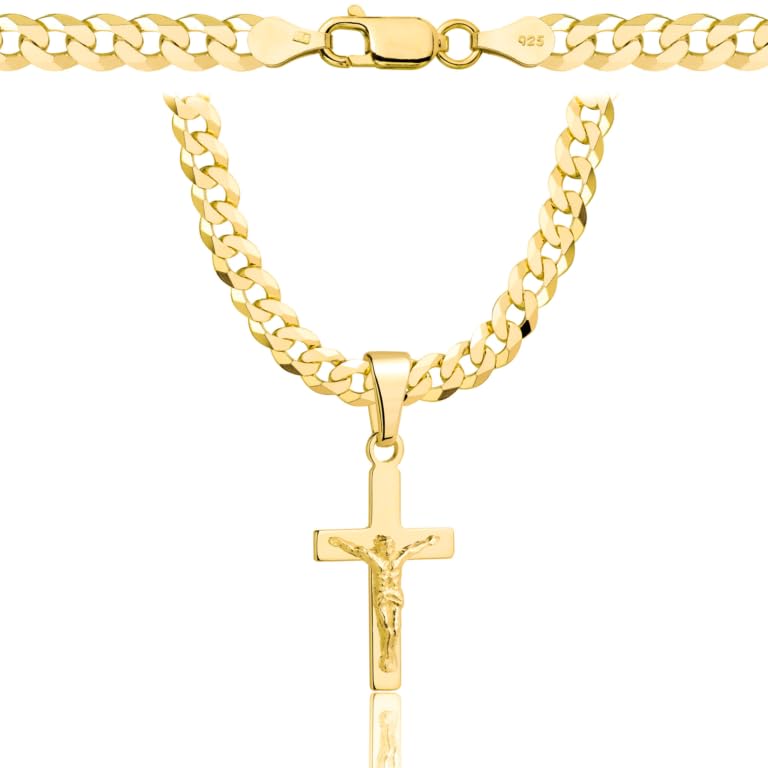 AMAR OPRAVA Cadena de oro para hombre con colgante en forma de cruz, fabricada en plata de ley 925 con baño de oro macizo 585 y con un ancho de 5 mm, 45 cm, Plata esterlina Oro, No es una piedra