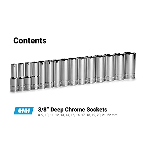 Image of Capri Tools 3 /8 in. Drive Deep Chrome Socket Set, 6-Point, 8 to 22 mm, 15-Piece