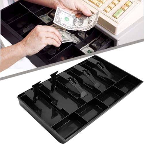 Image of Cash Register Drawer Insert Tray, Portable Currency Till Replacement Money Organizer with Spring-Loaded Note Clips and Divided Storage Sections for Shops, Offices and Billing Counters