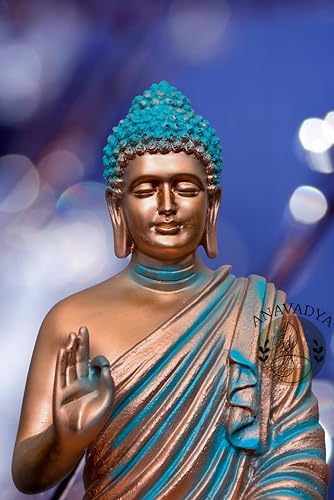 Image of Beautiful Sitting Buddha Idol Statue for Home & Garden Living Room | Healing Spirit Blessing Buddha Statue - 15 Inch Size (Copper + Blue)