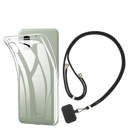 cxybgfv AQUOS wish 3 SH-53D A302SH 用のケースクリア 透明 TPU カバー シリコンケース 全透明、耐衝撃、汚れ防止、 耐水+スマホストラップ スマホストラップ ショルダー 携帯ストラップ ナイロン製 携帯便利 長さ調整可能 着脱簡単 紛失 耐久性強化版（ブラック）