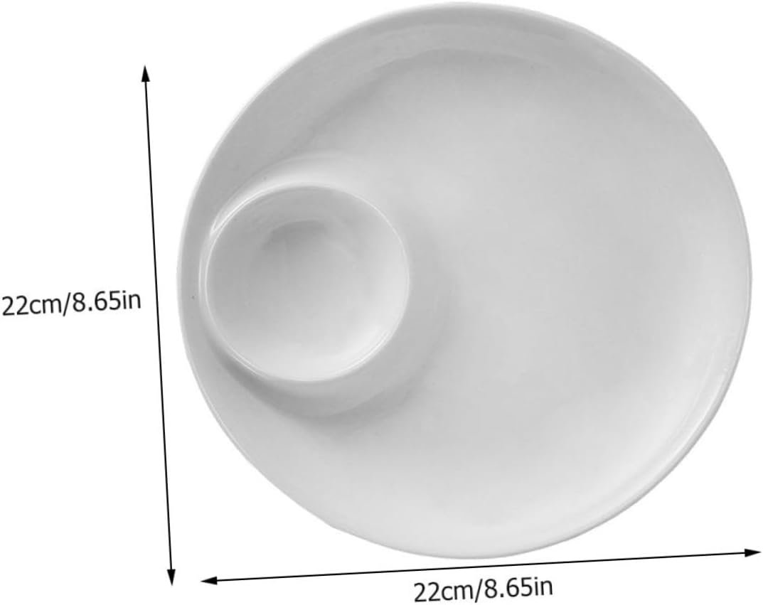 Garneck Ceramic Plate with Sauce Compartment, 9 Inch White round Dish