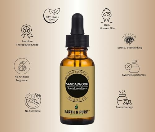 Image of Earth N Pure Sandalwood Essential Oil | 100% Pure & Natural | Steam Distilled | For Relaxation, Skin Nourishment & Meditation | 30ml