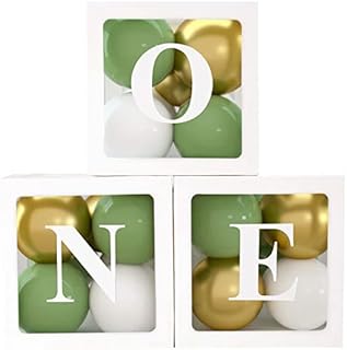 1st Birthday Party Decorations Boxes for Boys, 3Pcs Balloon Boxes with 30 Green Gold White Balloons and ONE Letters, Balloon Blocks for First Birthday Backdrop, 1 One Year Old Birthday Party Supplies