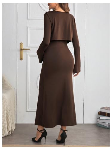 OYOANGLE Women's Maternity 2 Piece Outfits Scoop Neck Bodycon Long Cami Dress and Long Sleeve Cropped Cardigan Set3