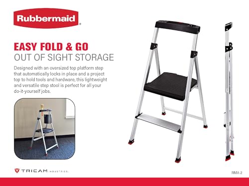 Rubbermaid RMA-2 2-Step Lightweight Aluminum Step Stool with Project Top, Anti-Slip Step Ladder, 225 lb Capacity, Silver Finish