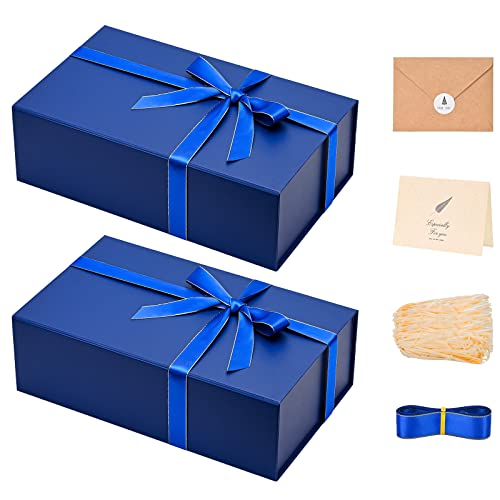 Image of LIFELUM Navy Blue Gift Boxes 2 Pack 13.85 x 8.35 x 4.45 inch, Gift Box for Presents with Ribbon,Card,Shredded Paper Filler Magnetic Closure for Business, Wedding, Holidays,Birthdays