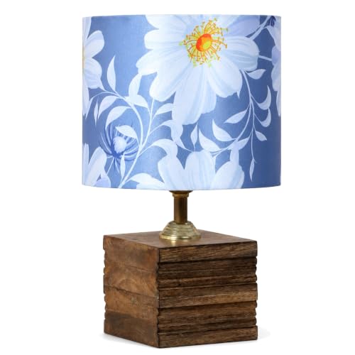 Image of tu casa Wooden Table Lamp Floral Satin Shade for Bedroom, Lounge,H-12