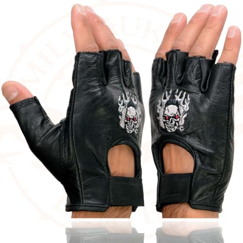 Image of Milwaukee Leather SH198 Men's Black Flame Embroidered Fingerless Gloves with Gel Palm | Padded Comfort; Vibration Relief; Flame Embroidery