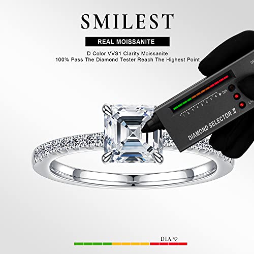 SMILEST Asscher Cut Moissanite Rings for Women, 1.0 Carat D Color VVS1 Clarity Lab Created Moissanite Wedding Rings 18K White Gold Plated Solid 925 Sterling Silver Moissanite Side Stone Ring for Women2