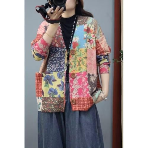 Image of TBUS Women's V Neck Oversized Cat Print Cardigan, Boho Patchwork Knit Sweater Long Sleeve Button Front with Pockets