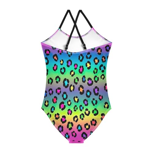 Colorful Leopard Spots Rainbow Gradient Girls' One-Piece Swimwear with Adjustable Shoulder Strap, Beach Swimwear, 3-102