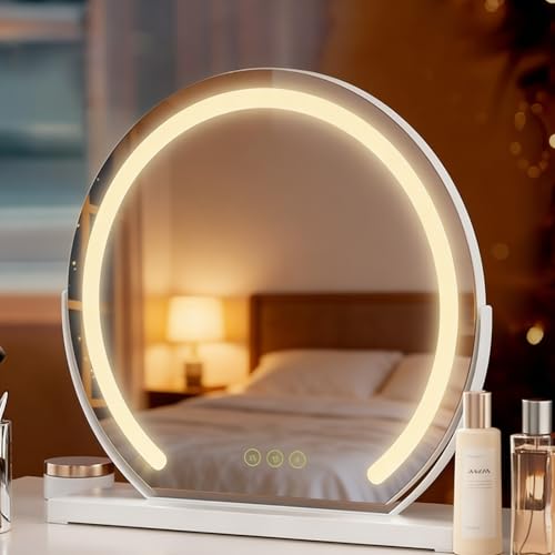 JMYXF Espejo de maquillaje de tocador con luces LED, 3 colores, regulable, mesa de Hollywood, espejos de maquillaje redondos giratorios de 300° con espejo de aumento desmontable de 10x