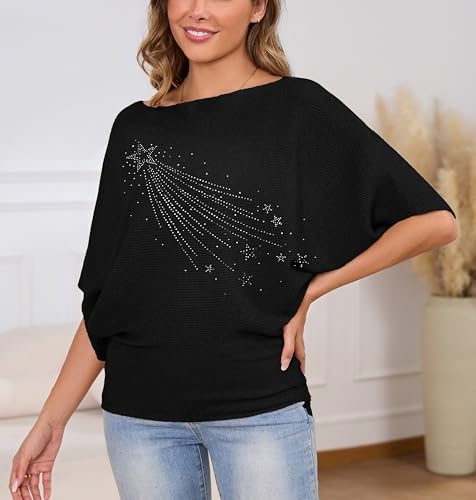 Image of MAKARTHY Womens Batwing Sleeves Knitted Dolman Pullovers Boat Neck Tops Sweatershirts
