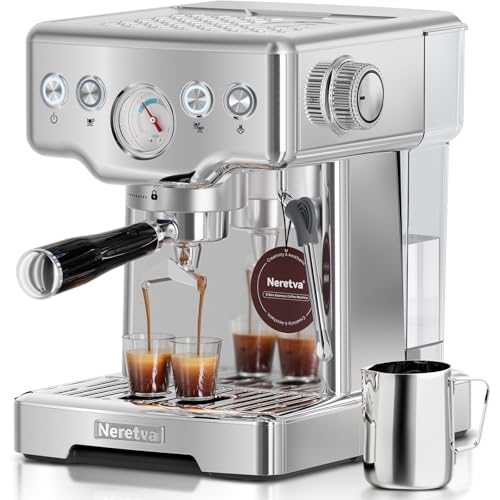 Neretva Siebträgermaschine, 15 Bar Espressomaschine mit Druckanzeige Professionelle Espresso Kaffeemaschine mit Milchaufschäumer&Edelstahl Für Espresso, Latte, Cappuccino, Home Barista Kaffeemaschine